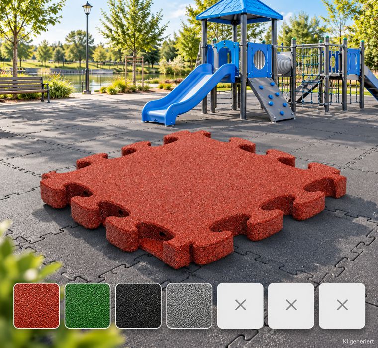 Safety surfacing puzzle mats (3D) – 45, 60, 80 mm – available in red, green, black, and gray